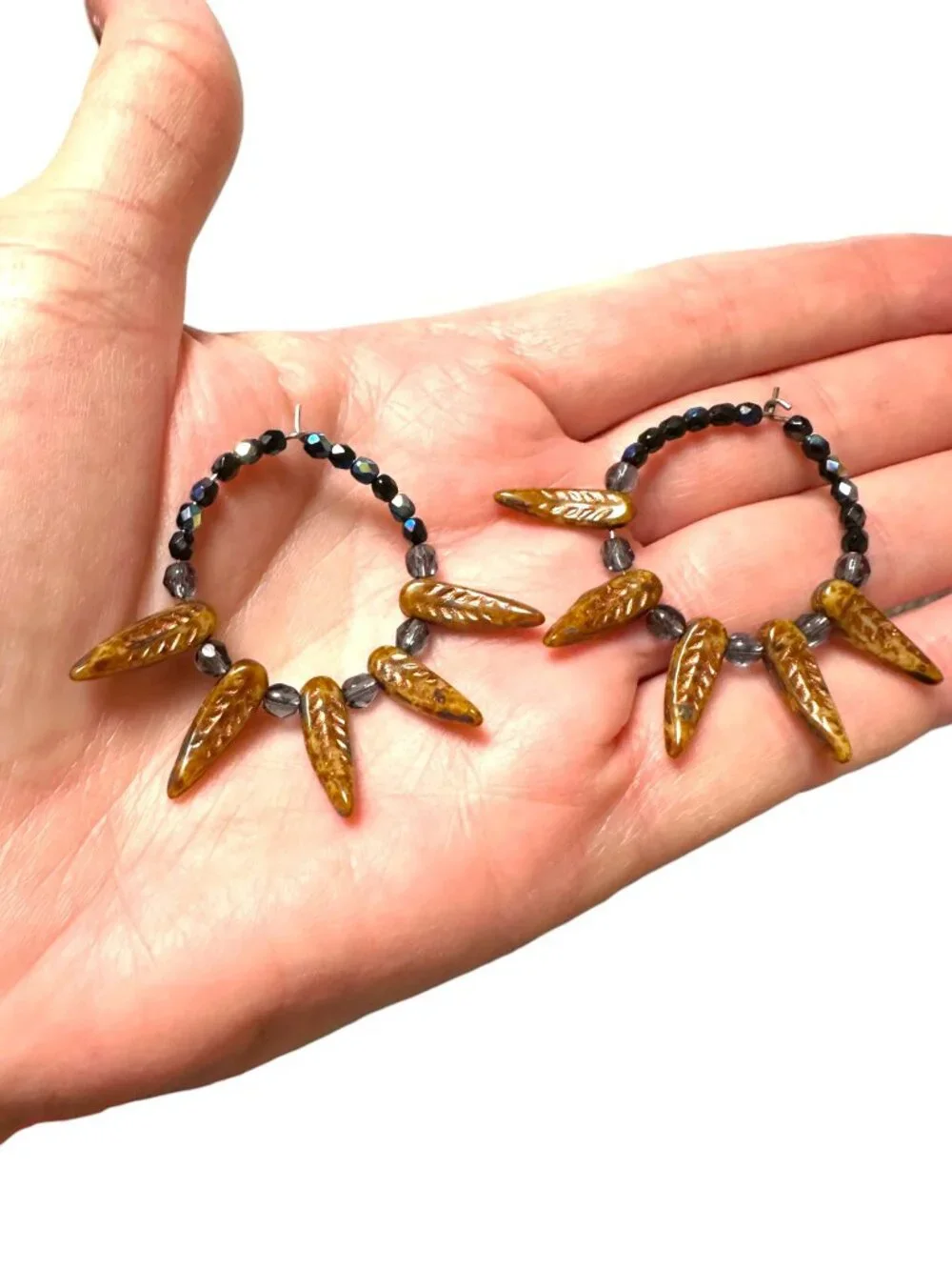 Boho Czech Glass Hoop Earrings Rustic Bronze Dagger Beads Blue Artisan